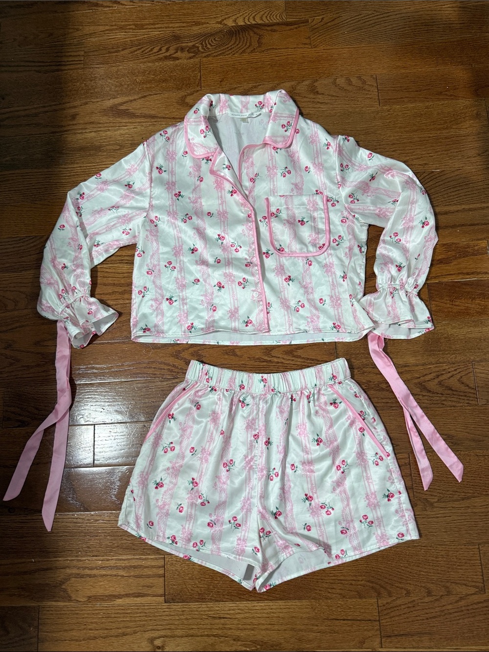 Altar'd State Pink and White Floral Satin Top